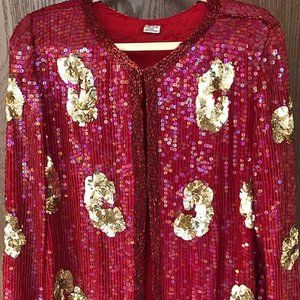 Red Jacket Dressy - Sequins Beads Silk - Lined - Party Holiday Christmas - M